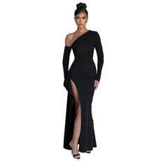 Women's Knitted One-shoulder Long Sleeve Split Dress